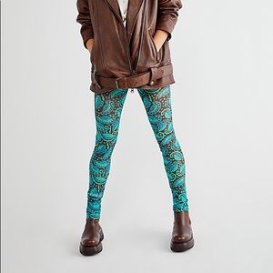 NWT Anna Sui Swirling Leaves Leggings In Turquoise Z35-78